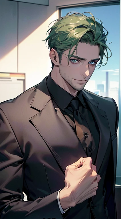(best quality,4k,8k,highres,masterpiece:1.2),ultra-detailed,(realistic,photorealistic,photo-realistic:1.37),1 man,31 years old,mature man,very handsome,without expression,smile,short green hair,blue eyes,penetrating gaze,perfect face without errors,imposing posture,businessman,office background,cinematic lighting,hdr image