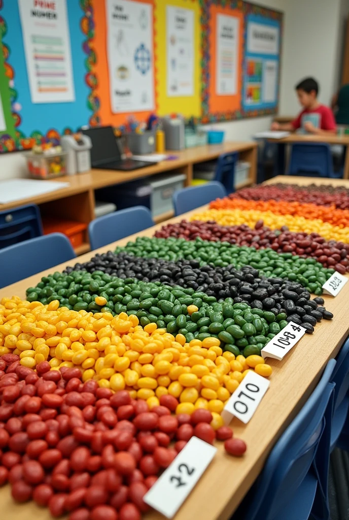 Create an image where the prime factorization of numbers 2 to 29 is clearly visualized using beans or corn for sixth grade students..