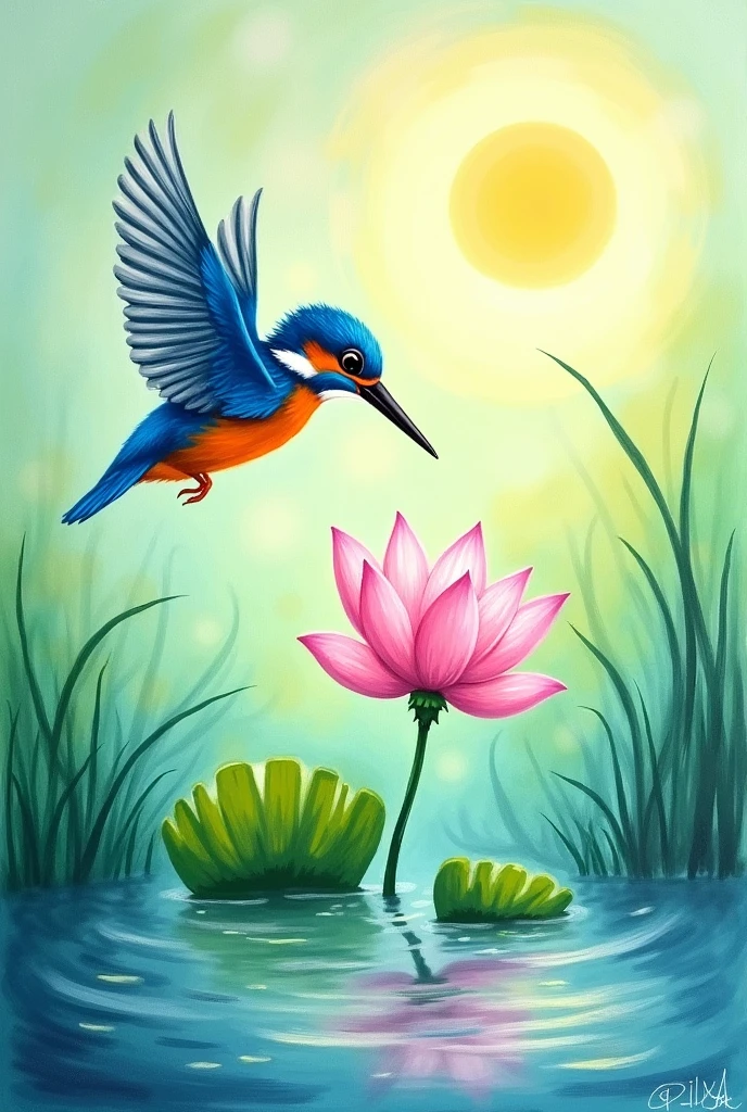 A &#39;s simple paint drawing of a kingfisher hovering above a lotus flower