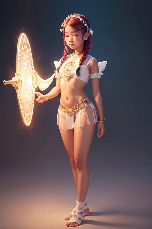A young 15- yr old native asian girl with lovely charminvg face,( dark skin texture masterpiece), (perfect full body detailed anatomy), (Super accessories detailed), (meditating ), (perfect detailed glowing bright eyes),(short braided illuminating ruby hair),Wearing transparent costume of an angel,holding a treasure septer & shield, illuminating different lights covers the sorrounding atmosphere Has beautiful large white wings, The character solemnly praying