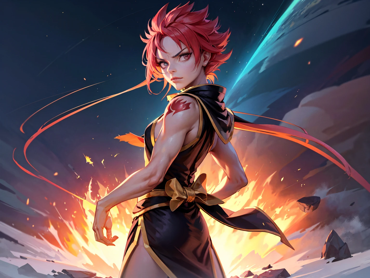 (4K,8k,best qualityer, work of art:1.2), ultra detali, realisitic, face perfect, perfect nose, detailed hair, detailedeyes, detailed lipedium short shot))), realisitic colors, Studio Lightning, small mouth, looking ahead at viewer, glad, confident pose, Natsu_dragneel, looking ahead at viewer, pyrokinesis, 17s, fire, 1 , posture of fight, Red Dragon, Cosmic horror, work of art hipercinematográfica de Natsu em um planeta estranho, dramatic colors, beautiful lighting, extreme shading, epic, Breathtaking, lightrays, uncanny, Tough, Cosmic, star dust wind, a strange landscape, DeepL, great composition,surreal sky, spell, Long exposure