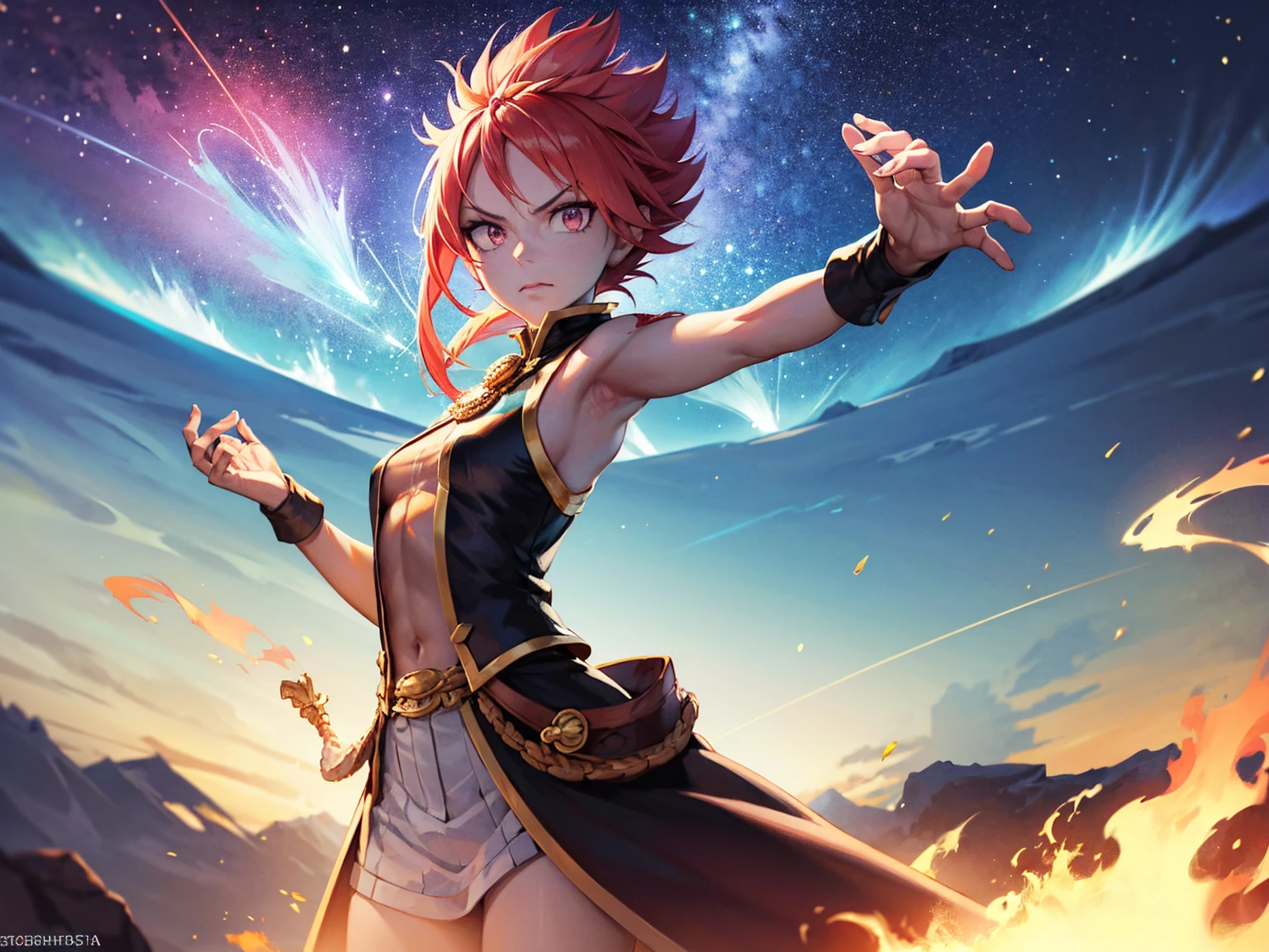 (4K,8k,best qualityer, work of art:1.2), ultra detali, realisitic, face perfect, perfect nose, detailed hair, detailedeyes, detailed lipedium short shot))), realisitic colors, Studio Lightning, small mouth, looking ahead at viewer, glad, confident pose, Natsu_dragneel, looking ahead at viewer, pyrokinesis, 17s, fire, 1 , posture of fight, Red Dragon, Cosmic horror, work of art hipercinematográfica de Natsu em um planeta estranho, dramatic colors, beautiful lighting, extreme shading, epic, Breathtaking, lightrays, uncanny, Tough, Cosmic, star dust wind, a strange landscape, DeepL, great composition,surreal sky, spell, Long exposure
