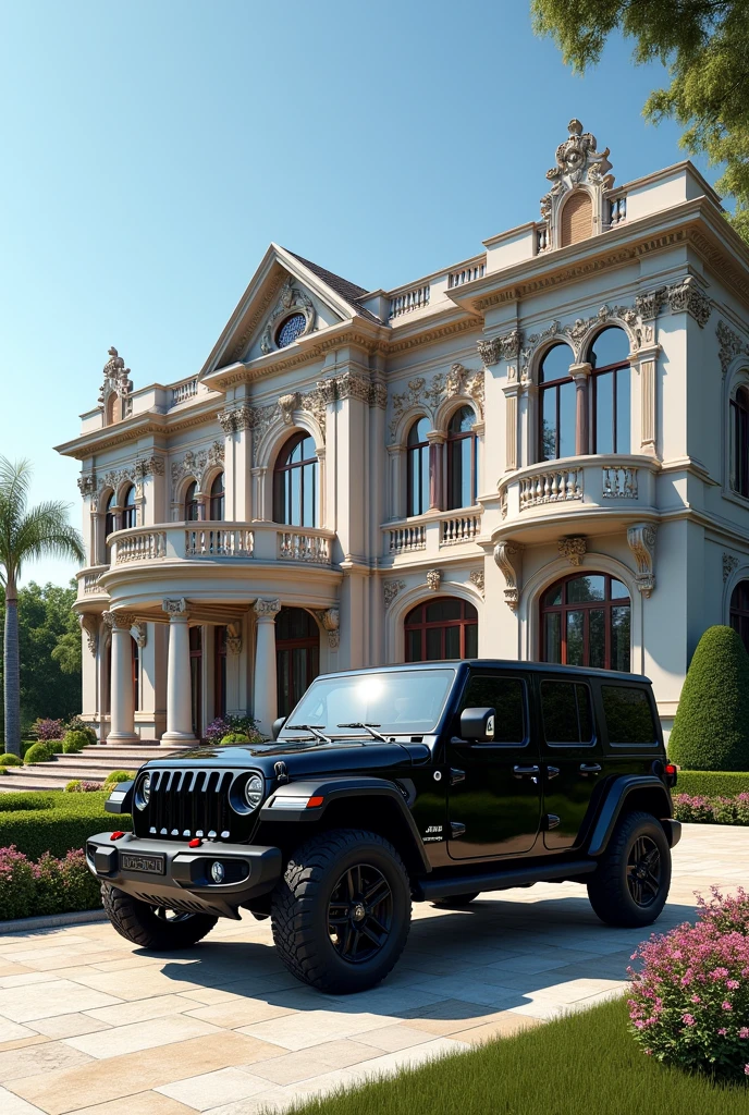 generate 4 floor mansion house, front view, black jeep car, exclusive, rich, hyper realist, 3d