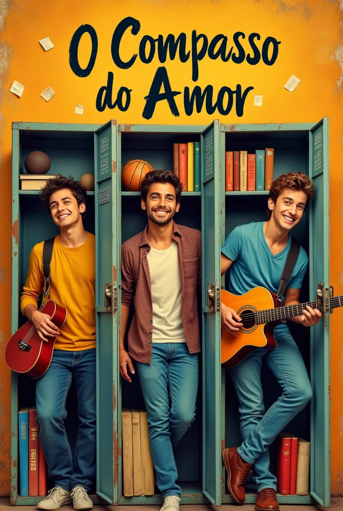 Make me a book cover with the title "O Compasso Do Amor" the background is three men lined up in a school locker