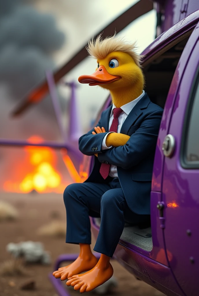 Mafia soft fur skin duck with hairstyle of donald trump wearing suit and pant sitting on the side of a open door purple helicopter, battlefield backgrond, fire everywhere