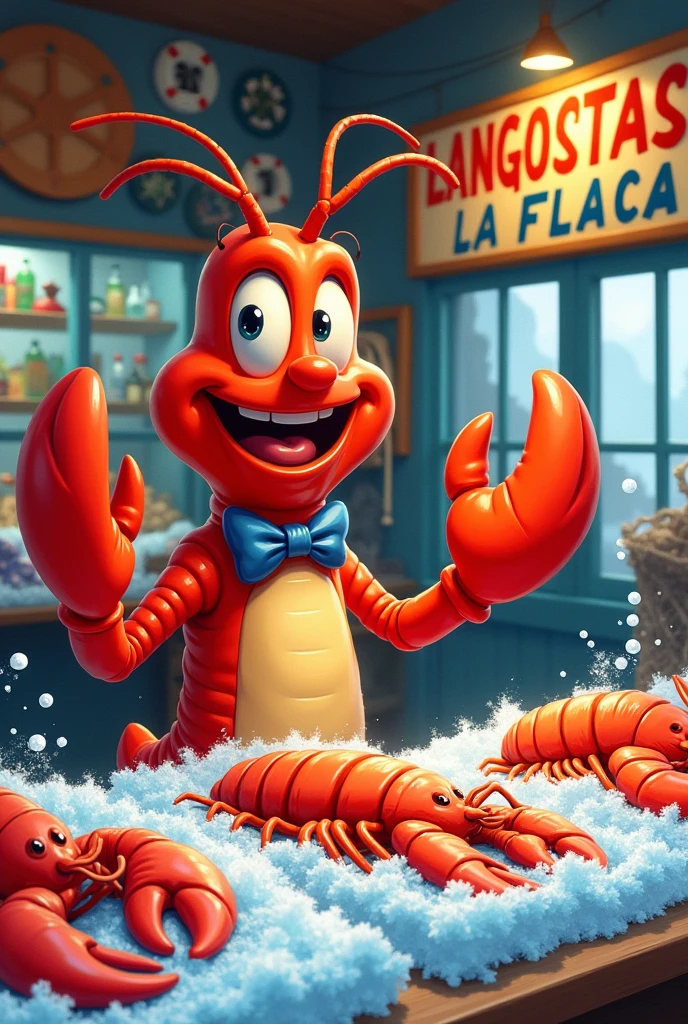 Make a lobster promoting in a lobster shop called “langostas la flaca”