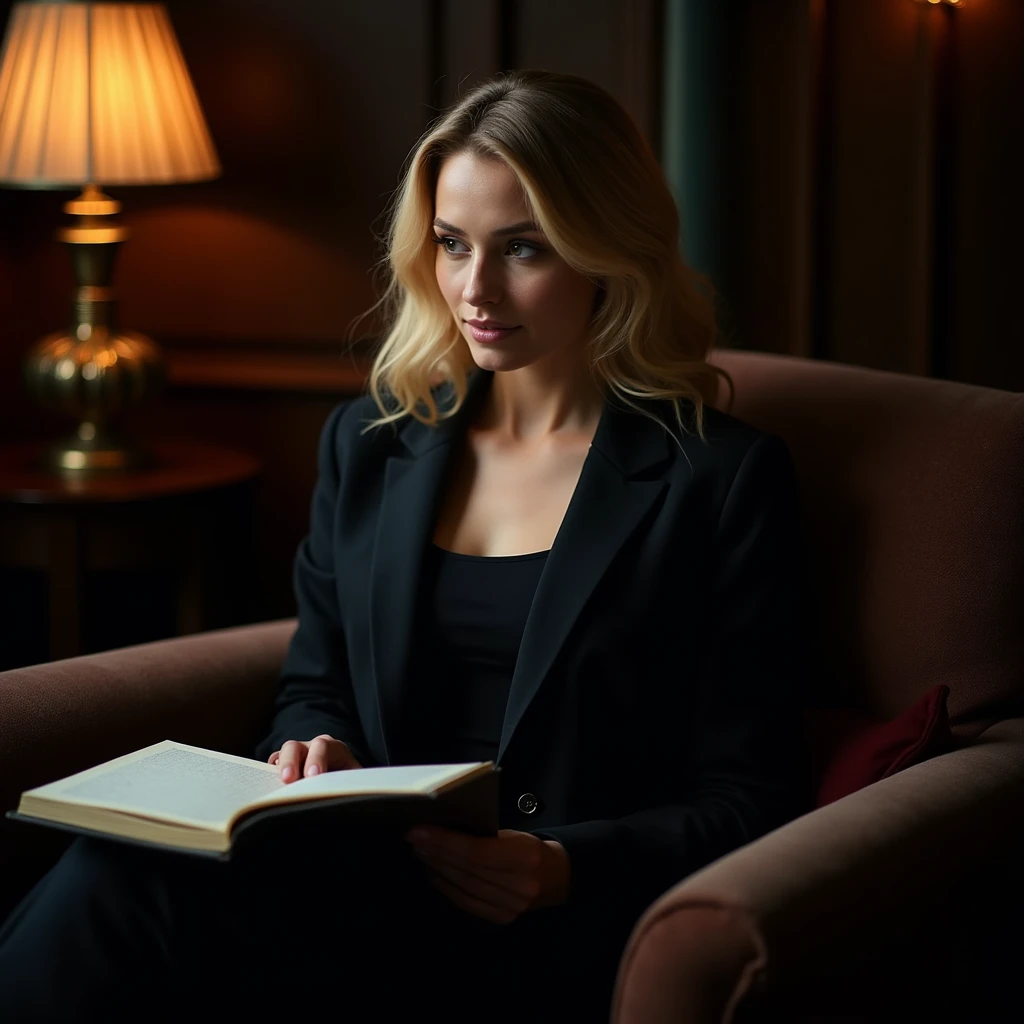 Image of a blonde woman sitting in an armchair, wearing a black blazer, holding a notebook, with her right arm raised and her face looking down towards the device. The background of the image is dark with an object that appears to be a lamp. horizontal photo 