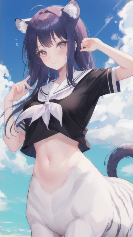(best quality, masterpiece), 1 girl, centaur, I beg, White skin, Korean schoolgirl,daughter,black pink, exposing the abdomen, belly button t-shirt , beautiful girl perfect, White tiger photo, 완벽한 White tiger photo