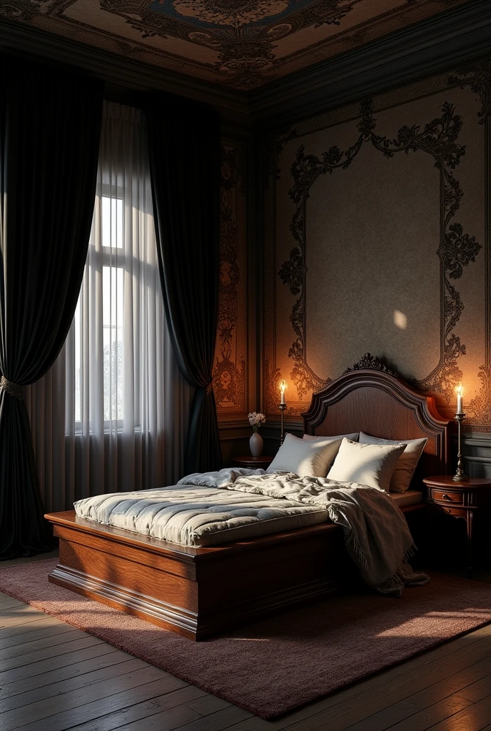 “My bed is vampire style, which consists of a thin mattress on the floor and a wooden platform about a meter above,  ideal for protecting oneself from the light. 
 Basically, an overturned coffin
