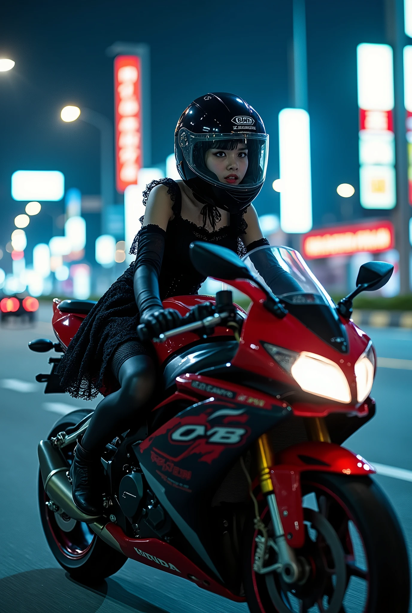 beautiful Japanese gothic lolita girl, Riding on a super cool sport motorcycle, at highway in metropolitan at night, high speed, dramatic scene, masterpiece, face focus, clear helmet visor, beautiful eyes, Honda bike, Shoei helmet, wearing gothic lolita outfits with frills, (shoot from side)