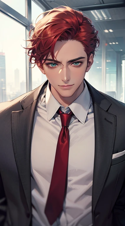 (Highest quality,4K,8K,High resolution,masterpiece:1.2),Super detailed,(Realistic,photoRealistic,photo-Realistic:1.37),1 person,31 years old,Mature Men,Beautiful skin、very handsome,Expressionless smile in love,Short gray red hair,green eyes,Sharp Eyes,A perfect face without a doubt,Businessman,Office Background,Cinema Lighting,HDR image,tie、