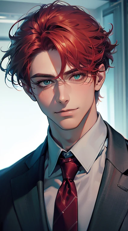 (Highest quality,4K,8K,High resolution,masterpiece:1.2),Super detailed,(Realistic,photoRealistic,photo-Realistic:1.37),1 person,31 years old,Mature Men,Beautiful skin、very handsome,Expressionless smile in love,Short gray red hair,green eyes,Sharp Eyes,A perfect face without a doubt,Businessman,Office Background,Cinema Lighting,HDR image,tie、