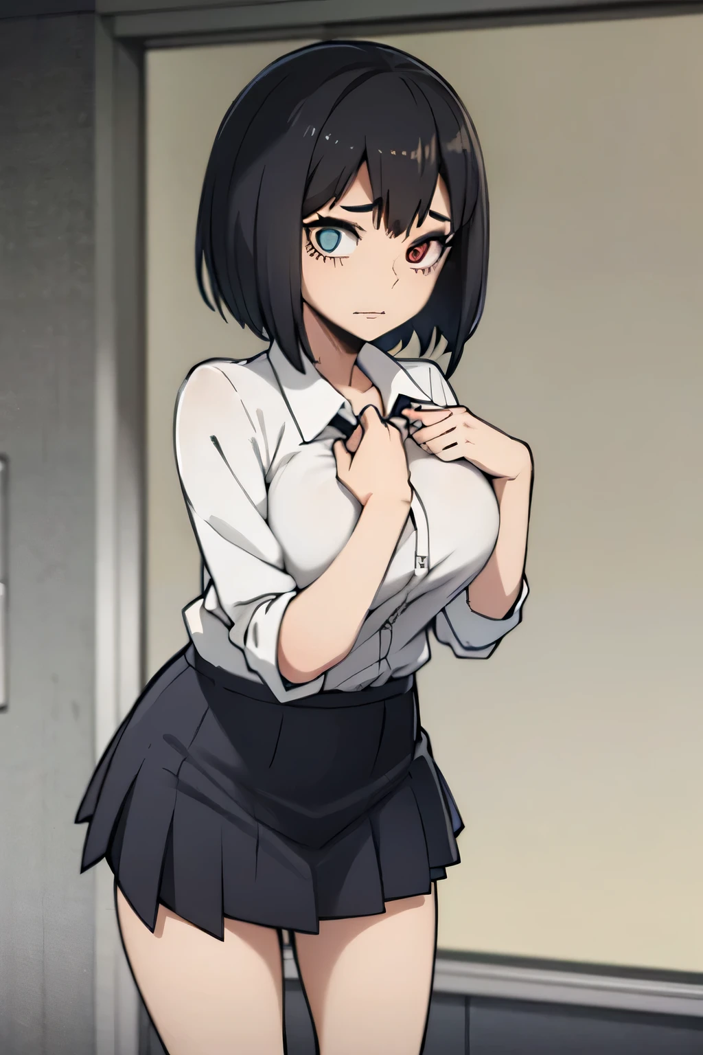 girl with heterochromia eyes blue and green eyes Asian,straight layered black hair with bangs and pink bangs,schoolgirl uniform black skirt with a light brown sweater and a navy blue blazer with school shoes with white leg warmers,with a calm gaze,background of a classroom,with somewhat large breasts with hip dips standing