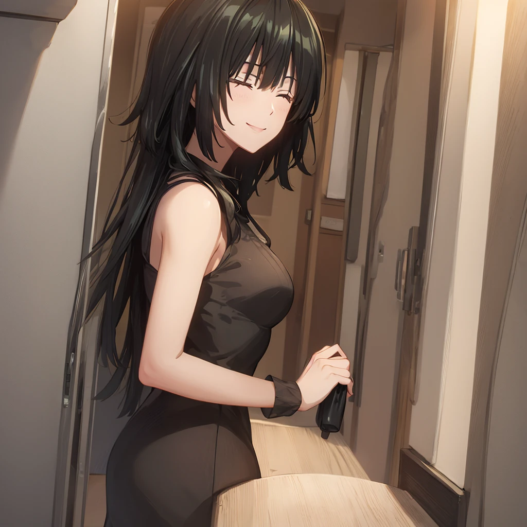 masterpiece, high quality, illustration, your name movie style, A woman, Home, house, Set, ???????, Back, Close your eyes, Smile, close up
