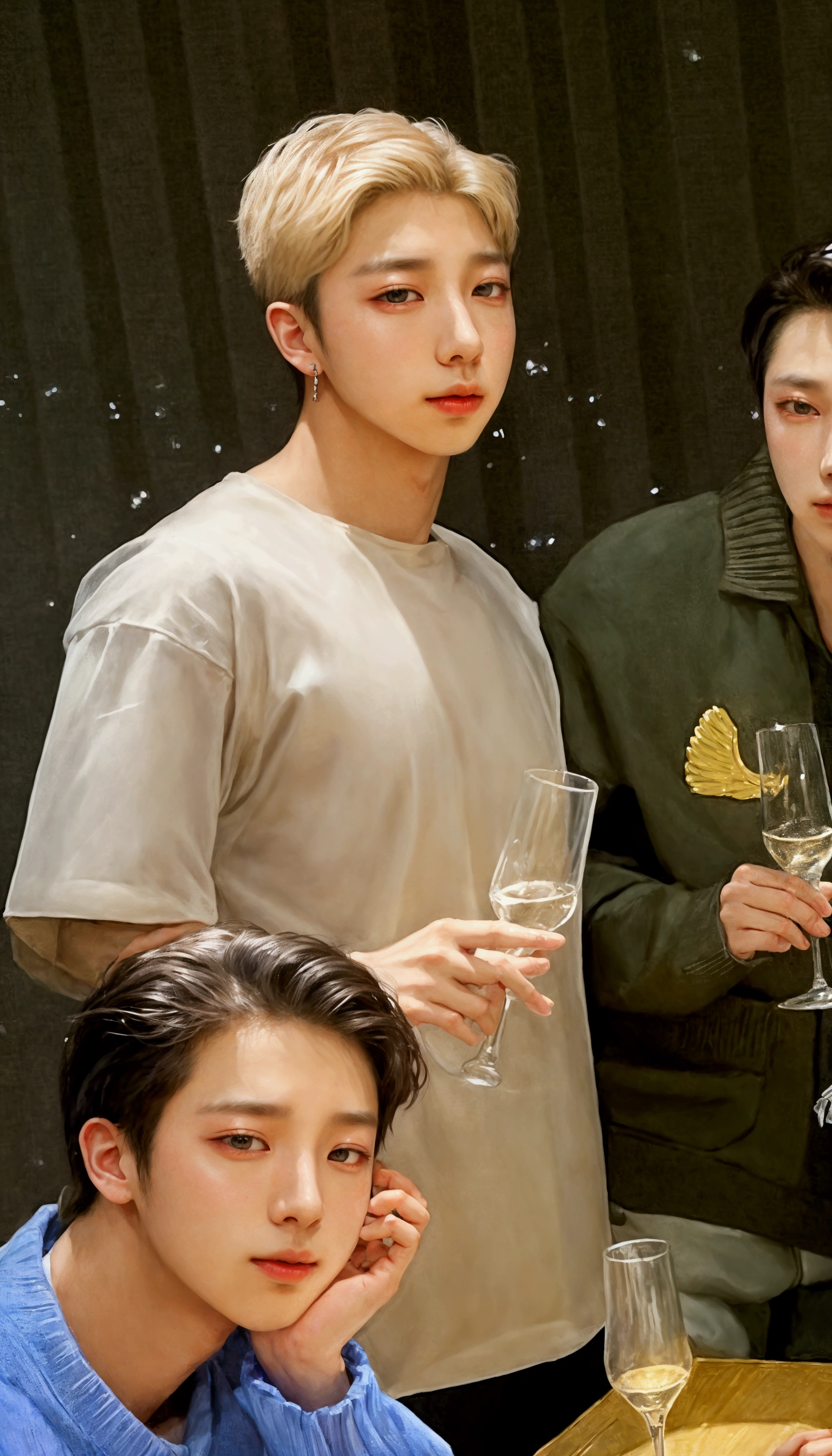 Namjoon, BTS group, kpop idol portrait, realism artistic style, beautiful androgynous prince, bts, delicate androgynous prince, inspired by jungkook jeon young pale angel