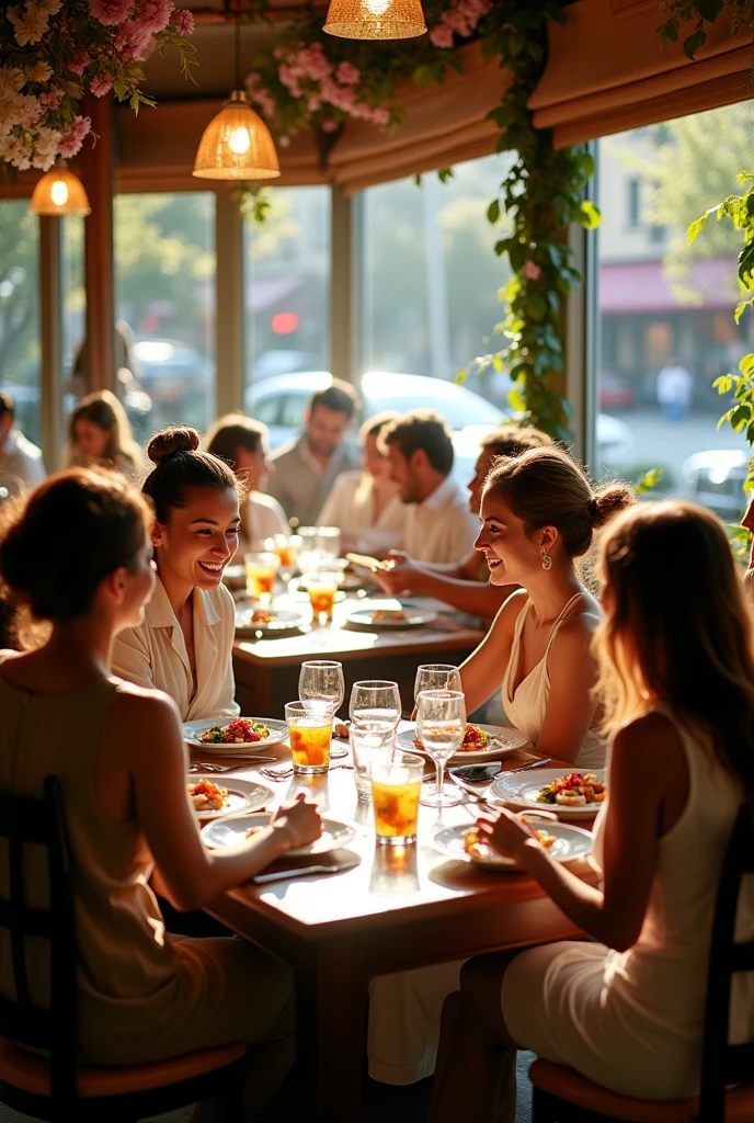 Create a detailed image. in a restaurant having lunch
