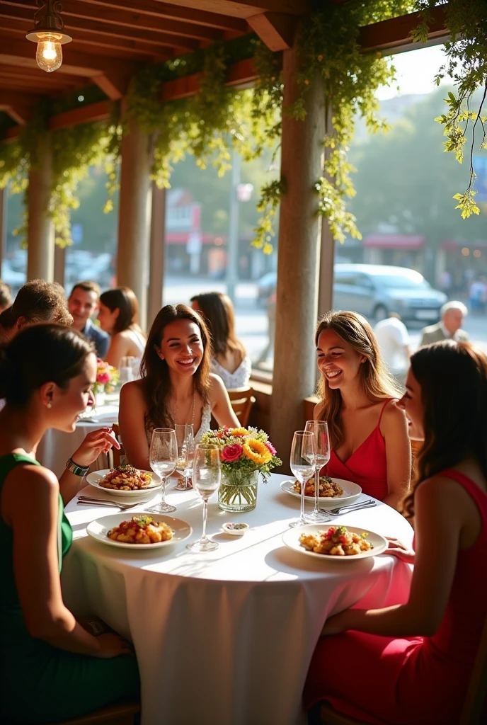 Create a detailed image. in a restaurant having lunch