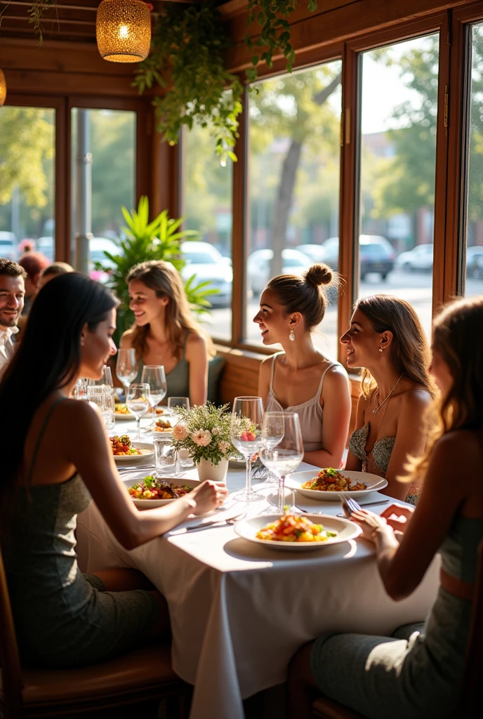 Create a detailed image. in a restaurant having lunch
