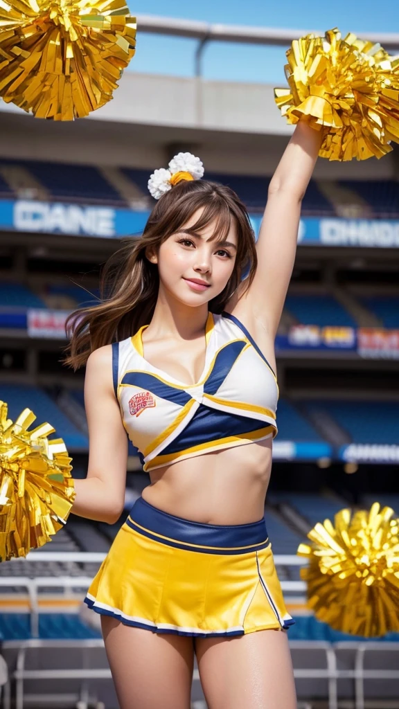 masterpiece,Highest quality,Very detailed,High resolution,(Realistic,photoRealistic:1.37),Excellent anatomy,One beautiful woman,18-year-old,height:152 cm,orange cheerleader,(Holding big pom-poms in both hands:1.5),smile,cheer leading,Cheerleader uniform,(shape),Micro Pleated Mini Skirt,No underwear,((Very delicate and beautiful)),((Stadium Background:1.2)),Brown Hair,Long Hair,bangs,Very beautiful face,Cute type,Big Natural Color Lip,Small and cute nose,Very big eyes,Beautiful Eyes,Brown eyes,Obvious double,Shiny highlight spots around the eyes,Character Focus,Tilt your head,The best light,Best Shadow,mysterious,Perfect Face,Very detailed,Soft Skin,(Glowing Skin,Sweaty:1.3),Beautiful legs,Voluptuous thighs,Plump body,Huge breasts,(Expresses the roundness and softness of the chest area..........1),Beautiful body,(Perfect Woman),((cheer dance pose:1.5))