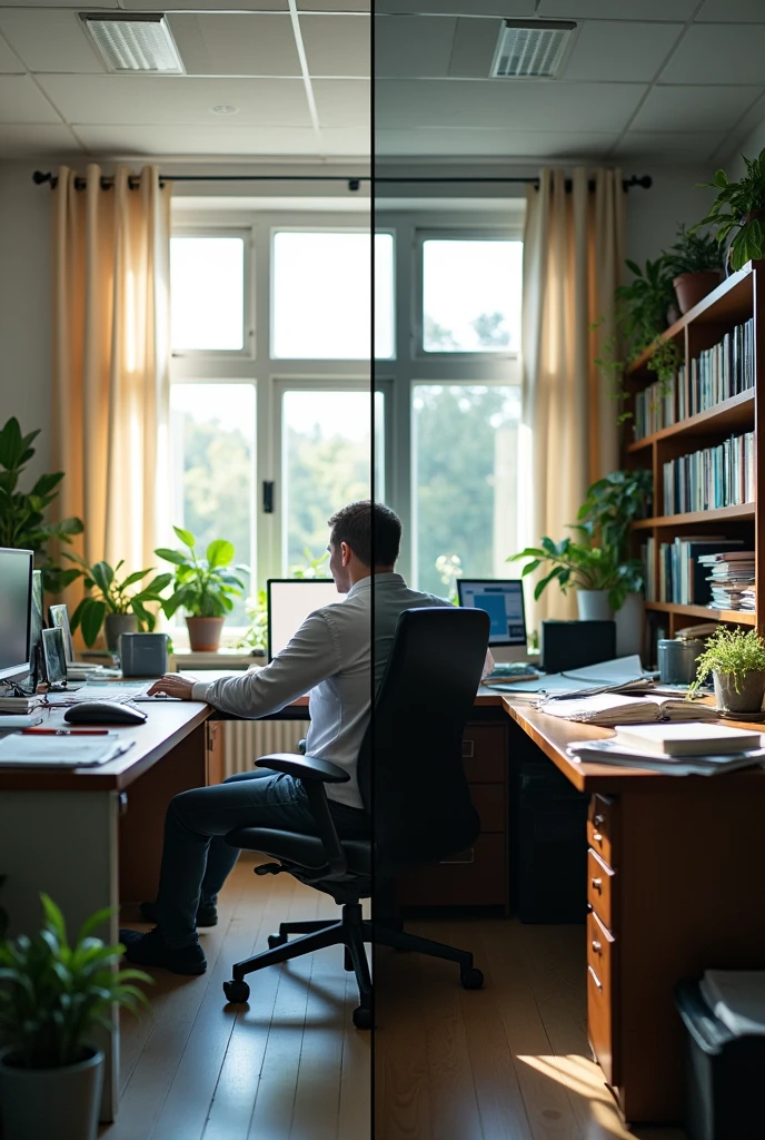 Generate an image that reflects good ergonomics in a university administration office and poor ergonomics, slightly more messy.