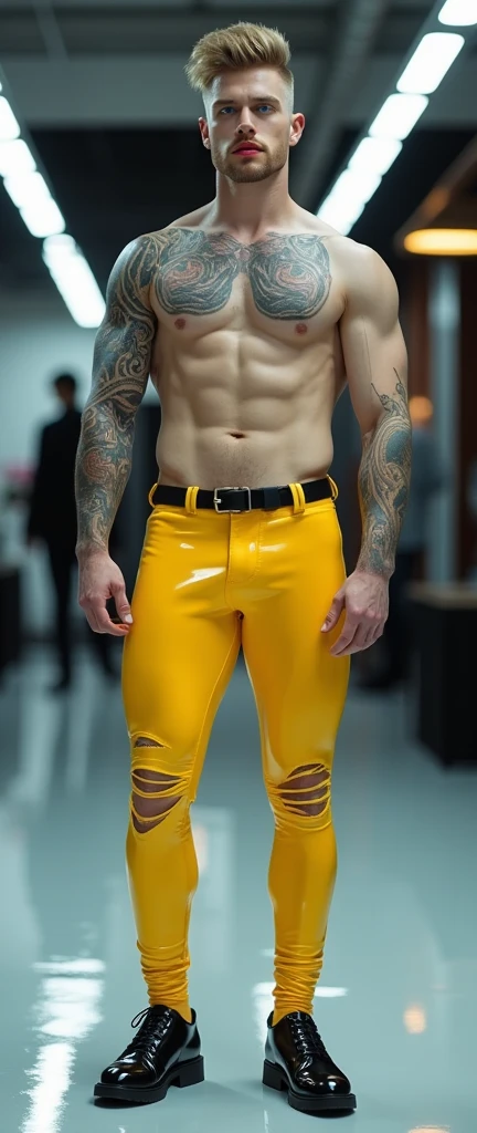 Fullbody standing picture of white skin Handsome muscular nude horny sexy gay man wearing skinny tight shiny yellow latex ripped tights, shiny black Disconnected Pompadour oiled hair style, blue eyes, shiny varnished black shoes, black belt, red lip, chain, tattoos, horny, cum shot, sperm, milking penis, very big penis, very big testicle, shiny oiled skin, orgasm, oversexed, masturbation, standing at white lighting show room.