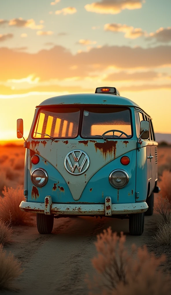 capture establishment, beloved vintage light blue bus, Object Focus, dented metal and enamel flanhair, soft pinhair orange sunset reflecting off windshield and chassis, journey to the west, Vast landscape, sense of movement and journey, hope and resilience, masterpiece, masterworhair, Scrupulous, Intimate, Subtleties, Highest quality, Highest fidelity, 最High resolution, High resolution, Highest detail, Ultra-detailed, Detail enhancements, Very detailed, 超High resolution, High resolution, Full HD, 8hair, 16hair, 32hair, hair, Caustics, Scattered beneath the surface, High Dynamic Range, dynamic tone mapping, [reflection of mirror], [Subpixel Convolution], [oxidetech], [rusted steel]
