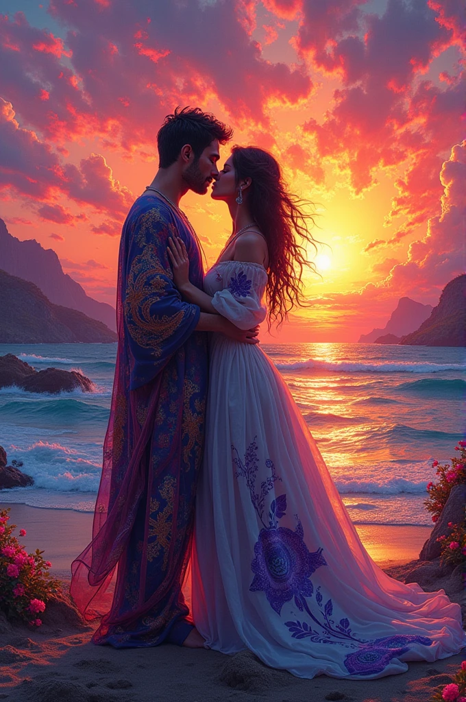 Two people sinking into a kiss, as the sun sinks into the sea, psychedelic drawing