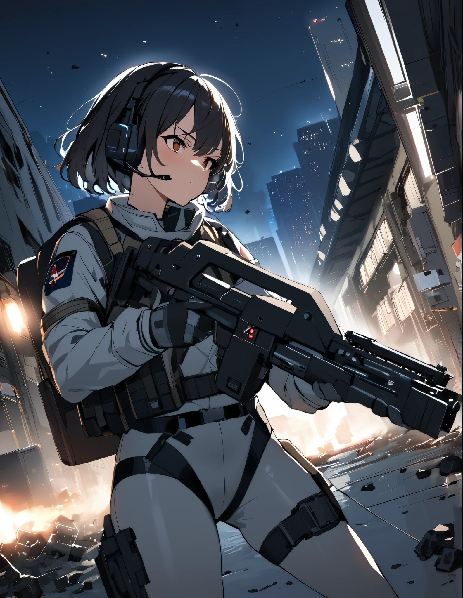 1girl, solo, short hair, black hair, brown eyes, skintight, astronaut, black leatord, tactical gear, gloves, headset, sweat, serious expression, holding gun, m41apls, aiming, trigger discipline, dutch angle, indoors, warehouse, dark, night, debris, backlighting, new york backdrop, smoke, best quality, masterpiece, alien creature behind her.