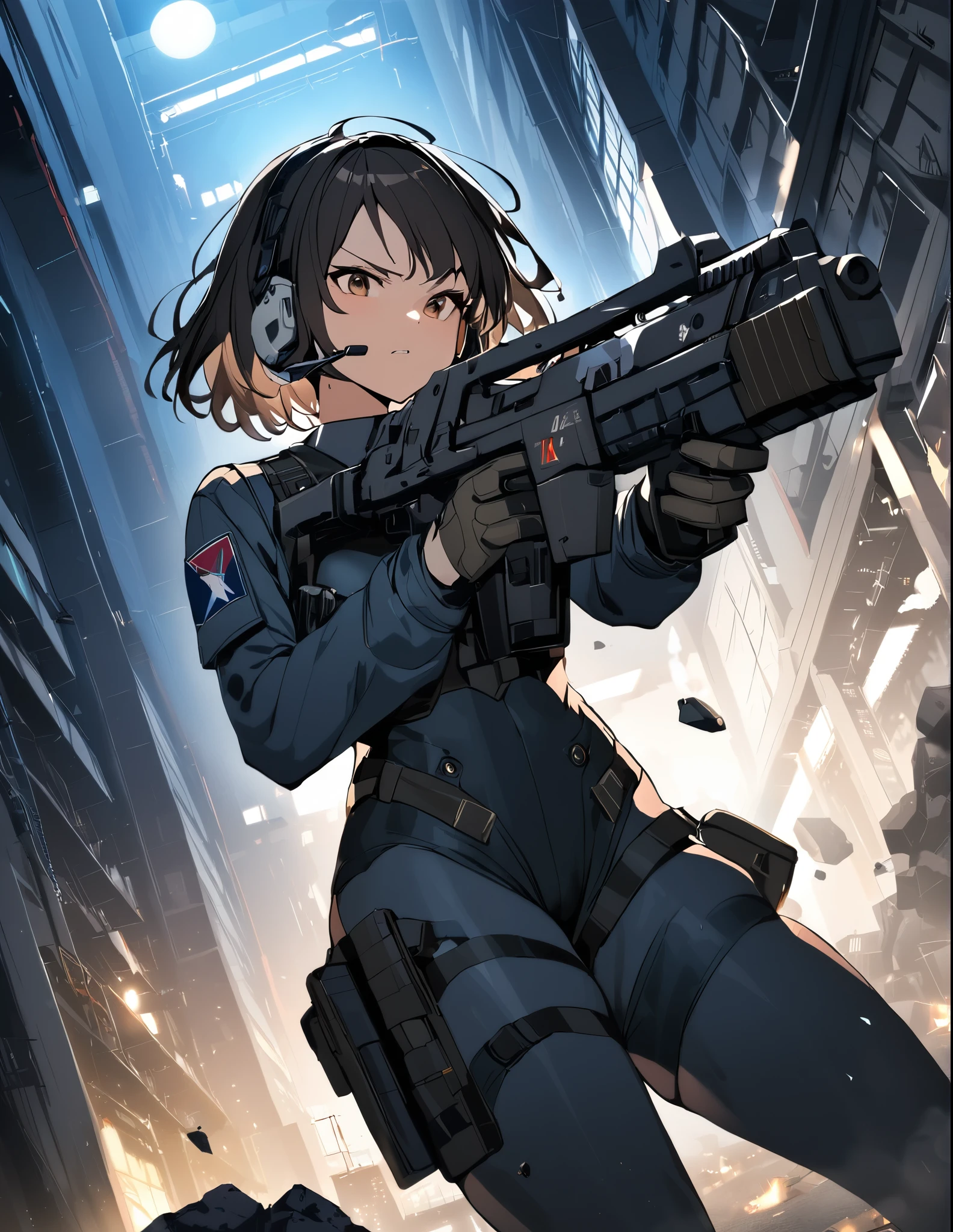 1girl, solo, short hair, black hair, brown eyes, skintight, astronaut, black leatord, tactical gear, gloves, headset, sweat, serious expression, holding gun, m41apls, aiming, trigger discipline, dutch angle, indoors, warehouse, dark, night, debris, backlighting, new york backdrop, smoke, best quality, masterpiece, alien creature behind her.