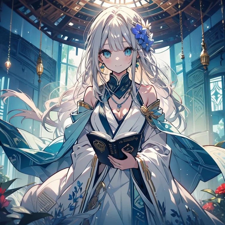 1 person、Mature、Ample breasts、Long Hair、Braid、Silver blonde hair、Jade green eyes、White Dress、National costume、Tribal pattern、National costumeのアクセサリー、Tube top、Earrings、necklace、Night Forest、mossy rock、sit、Fantasy、By the sparkling blue lake、A book in one hand、Gentle smile、blue flower、Flower Field、High resolution、Highest quality