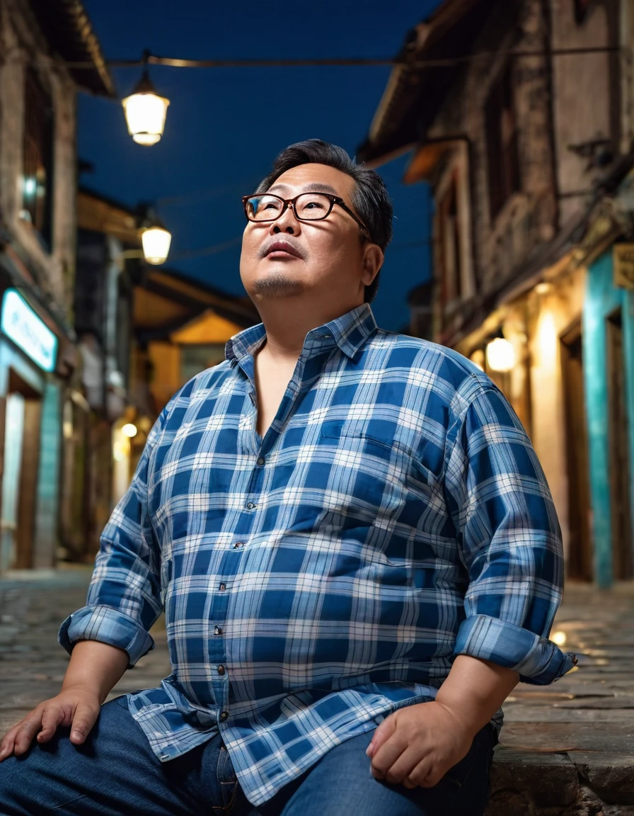 Man, Asian, 50 years old, Fat, Chubby, wearing glasses,( Put on a thin, light blue plaid shirt, Unbutton the shirt ), Unbuttoned, wearing Jeans, sitting in the old town, looking up, night time, beautiful lighting.