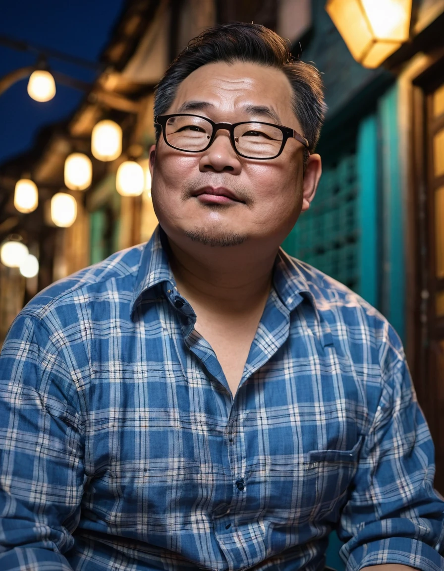 Man, Asian, 50 years old, Fat, Chubby, wearing glasses,( Put on a thin, light blue plaid shirt, Unbutton the shirt ), Unbuttoned, wearing Jeans, sitting in the old town, looking up, night time, beautiful lighting.