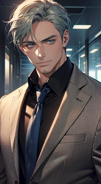 (best quality,4k,8k,highres,masterpiece:1.2),ultra-detailed,(realistic,photorealistic,photo-realistic:1.37),1 man,31 years old,mature man,very handsome,without expression,smile,short grey green hair,blue eyes,penetrating gaze,perfect face without errors,imposing posture,businessman,office background,cinematic lighting,hdr image