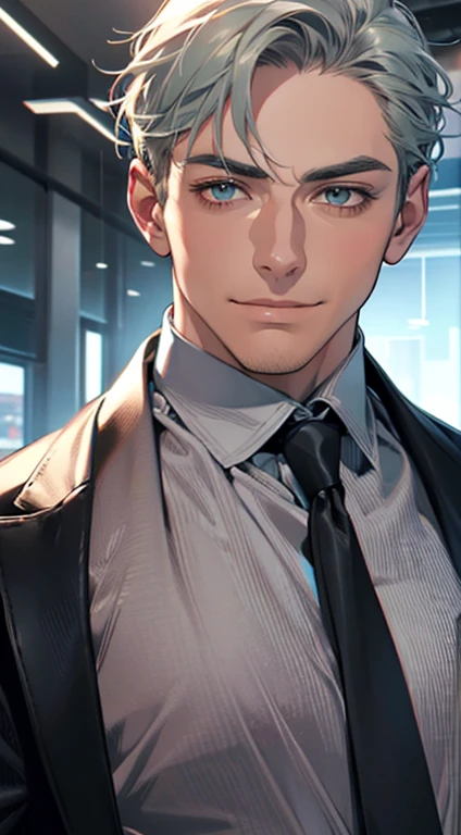 (best quality,4k,8k,highres,masterpiece:1.2),ultra-detailed,(realistic,photorealistic,photo-realistic:1.37),1 man,31 years old,mature man,very handsome,without expression,smile,short grey green hair,blue eyes,penetrating gaze,perfect face without errors,imposing posture,businessman,office background,cinematic lighting,hdr image