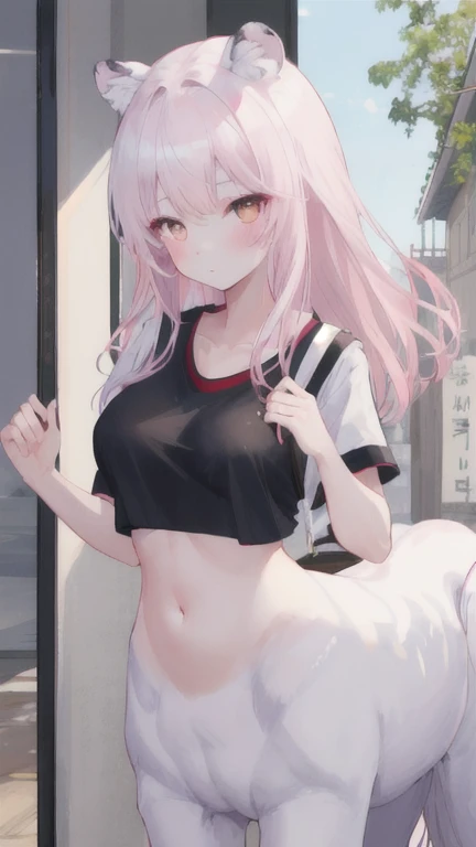 (best quality, masterpiece), 1 girl, centaur, I beg, White skin, Korean schoolgirl,daughter,black pink, exposing the abdomen, belly button t-shirt , beautiful girl perfect, White tiger photo, 완벽한 White tiger photo