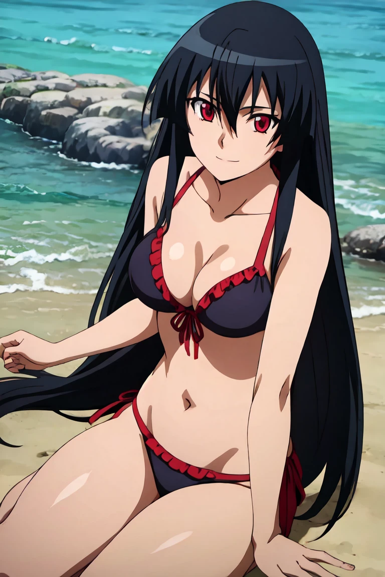 1girl, solo, full_body, akame, black_hair, very_long_hair, red_eyes, bikini, smile, looking at viewer, beach, water background, masterpiece, best quality, (realistic:1.37), (photorealistic:1.37), ultra-detailed, 8k, HDR, professional, vivid colors, sharp focus