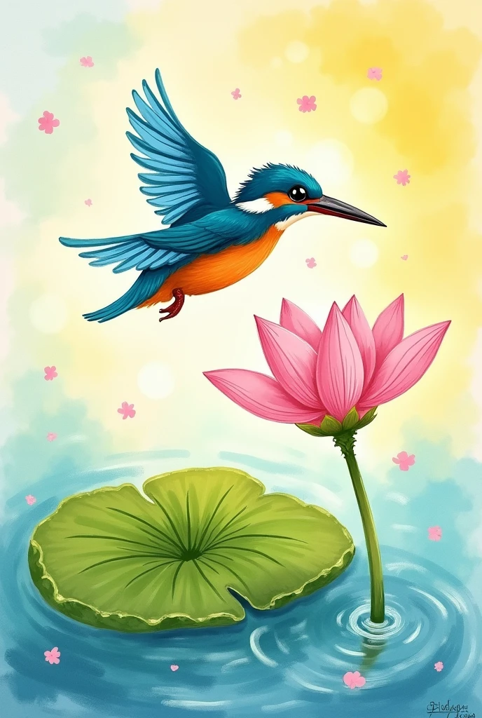 A child's simple paint drawing of a kingfisher hovering above a lotus flower