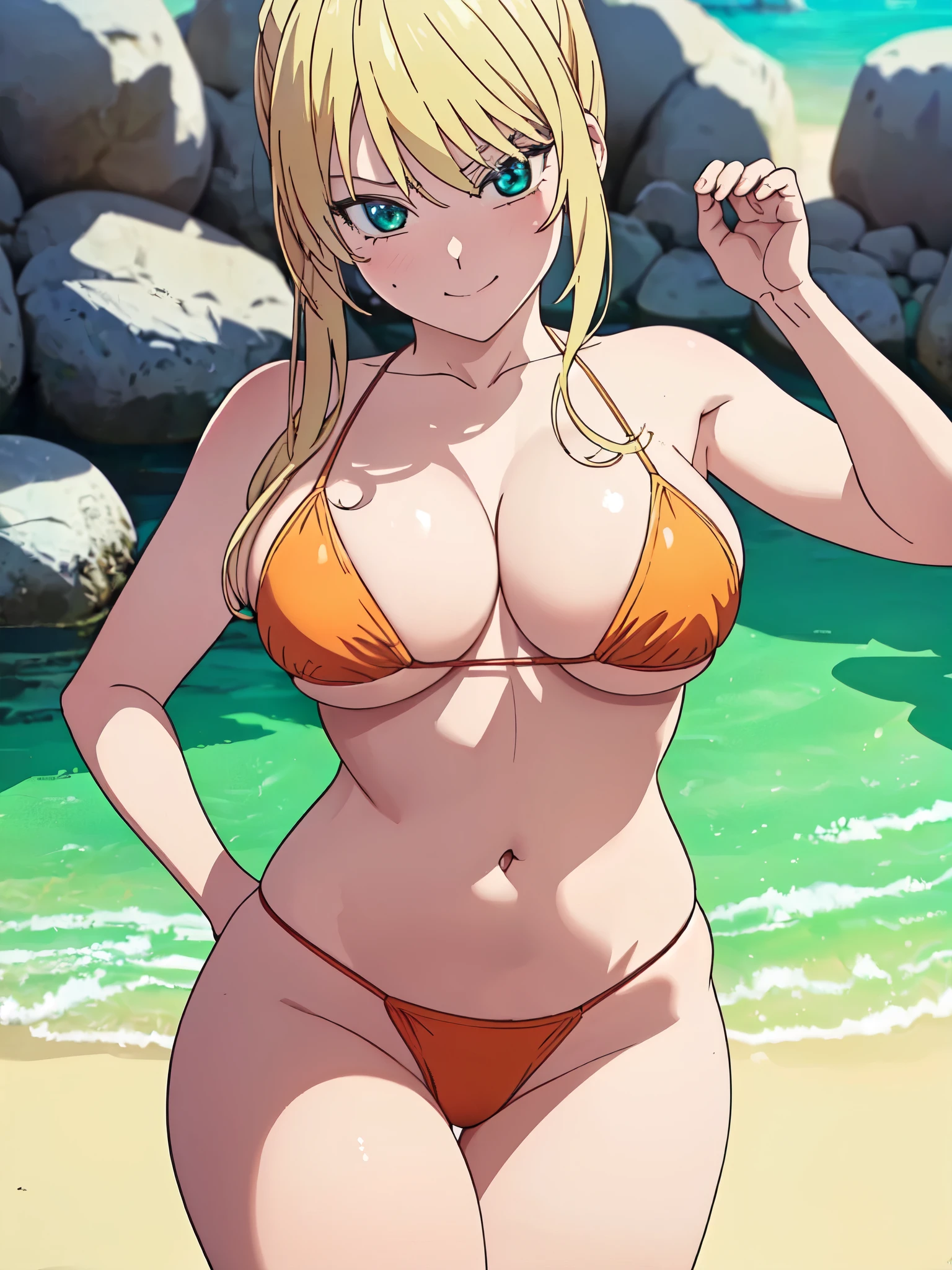 ((((masterpiece、Highest quality、High resolution)、anime)))、Blonde Hair、Big breasted beautiful、(Dynamic pose)、looking at the camera、(Beautiful detailed face、Beautiful big eyes)、((One beautiful person))、Good sensitivity、((Sexy pose))、((Embarrassed face))、Red cheeks、Wearing an orange bikini、smile、Walking on the sandy beach of a calm early morning coast.、To show one's canine teeth