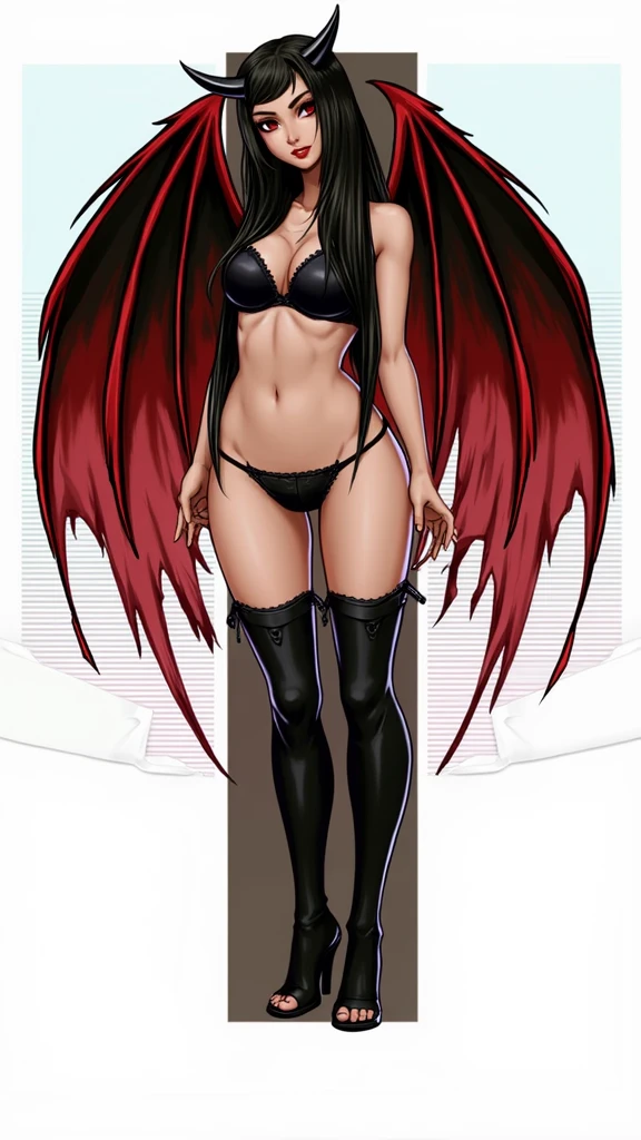 Girl demon, black Horns, Black and Long Hair, Straight hair, Red Eyes, black devil's tail, anime version, full body, black clothes, slim, black wings