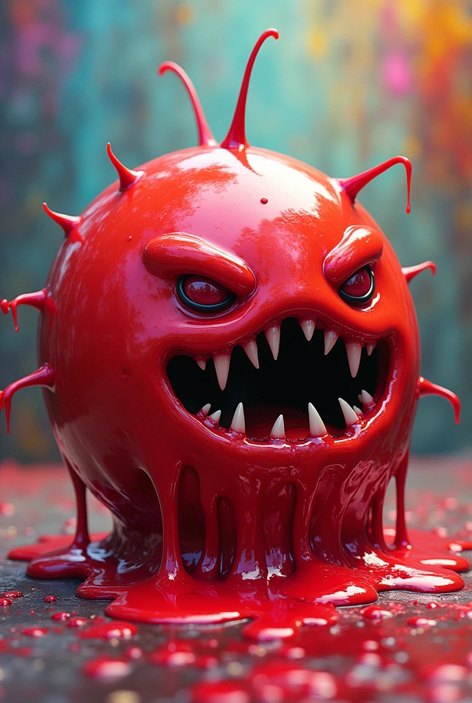 Round red slime looking creature with teeth without eyes and dripping with paint no eyes
