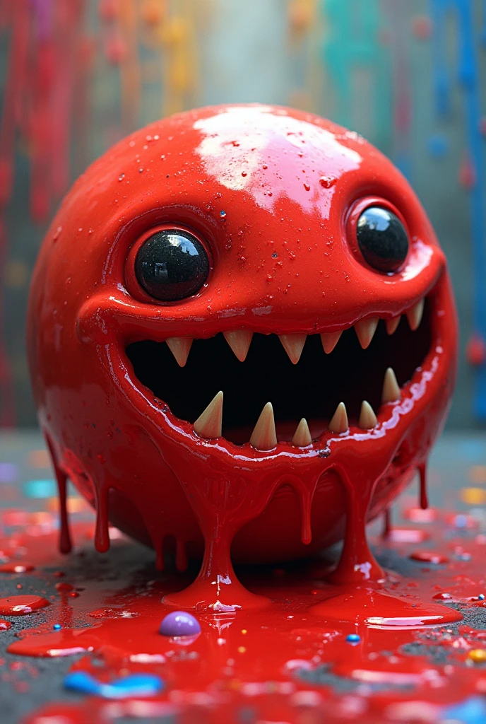 Round red slime looking creature with teeth without eyes and dripping with paint no eyes