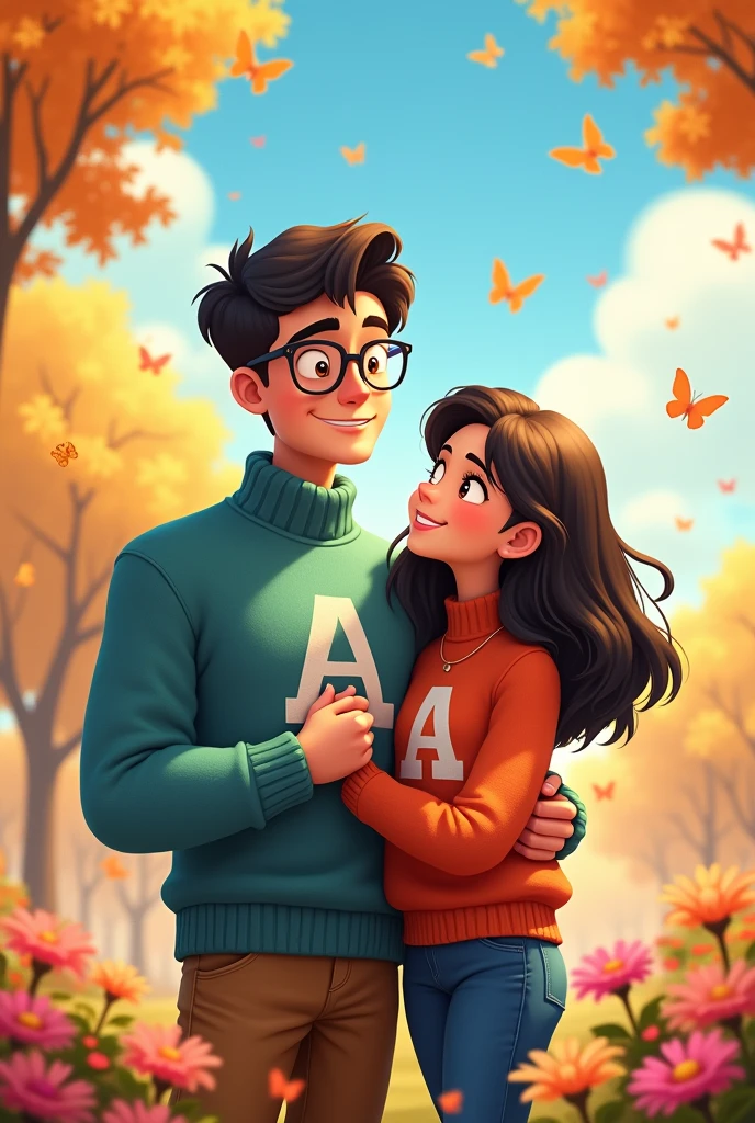 An animated image of a happy young couple in love, the strong man who is tall, with glasses, dark and short hair, piel clara y with a sweater that says "A", and the thin woman with dark hair, medium height and fair skin, with a sweater that says "A".