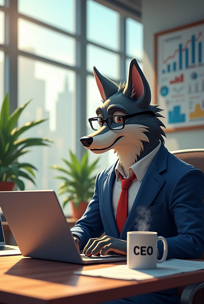 An animated wolf working a corporate job in an office.