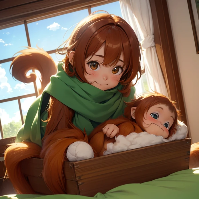 High Resolution, HD, High Quality, Super Detailed, High Details, Masterpiece, Anime, Anime Style, Character Design, high fantasy, slice of life, animal characteristics, real animal, animal, FURRY CREATURE ANIMAL
{{creature: baby orangutan:(baby orangutan eyes, bab orangutan head, baby orangutan face, baby orangutan nose, baby orangutan open mouth, baby orangutan nose, baby orangutan neck, baby orangutan short baby body, baby orangutan big mouth, orangutan fur, baby orangutan long arms, baby orangutan legs),(green diaper, green scarf),(laughing happy and innocent, spreading love, baby cuteness, innocent and pure infant),(wooden bed, hindu bedroom, sunny rays coming through windows, several fluffy toys in form of clouds)}}