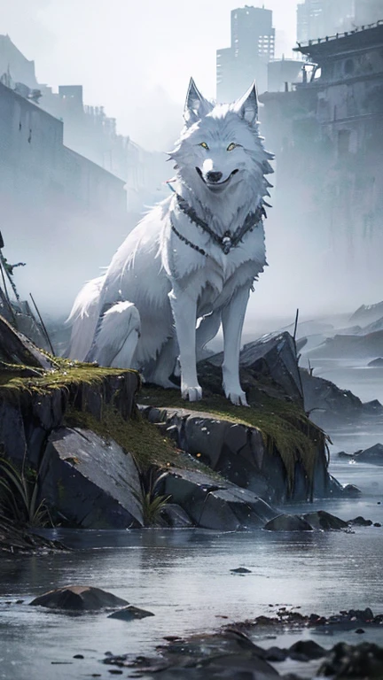 close, Atmospheric perspective、((Gray, Foggy world、Remains、、The white wolf next to me))、dim、The end of the world、Sad landscape