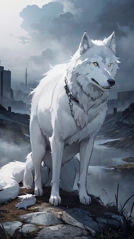 close, Atmospheric perspective、((Gray, Foggy world、Remains、、The white wolf next to me))、dim、The end of the world、Sad landscape
