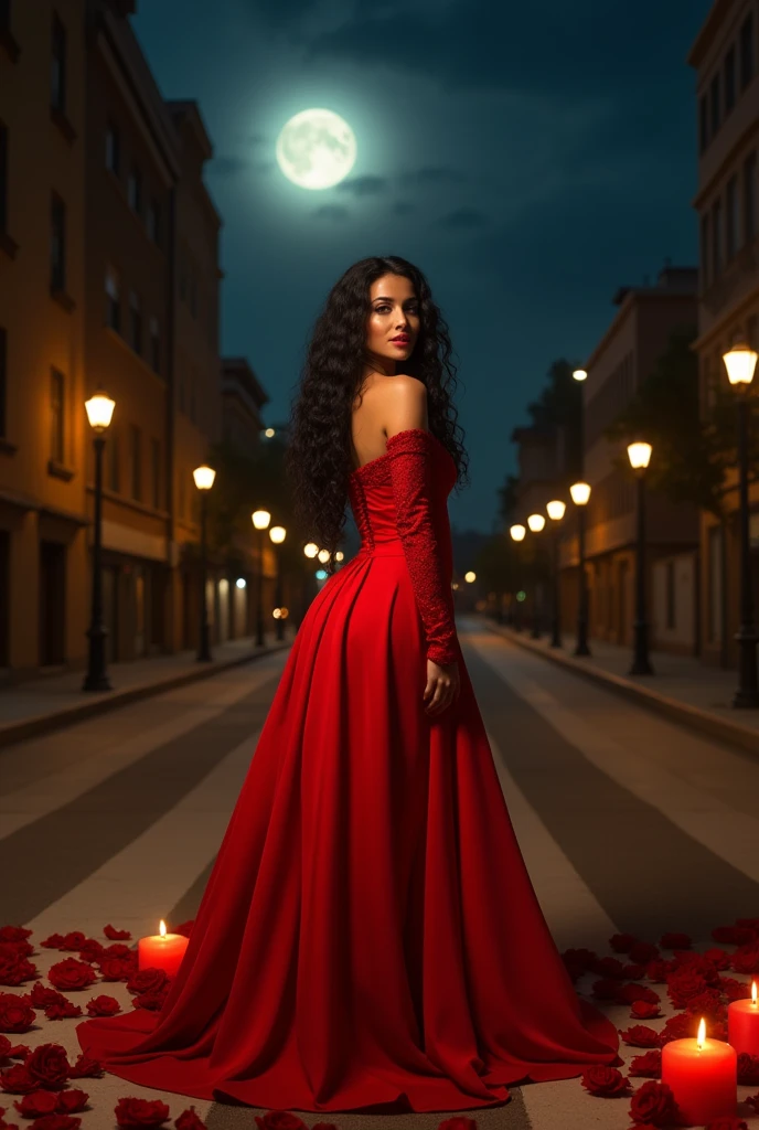 A sensual brunette Mexican woman, 50 year high, piercing look, corda, big bust, with an extroverted smile, redgown, long curly black hair, honey eyes, standing in an empty urban crossroads with lit red candles and roses on the ground, at night with a full moon