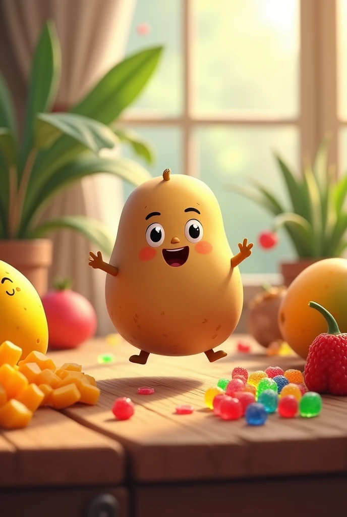 A cute, kawaii, animated brown potatoe that is acting very crazy and dummy, dancing crazily on a table, surrounded by many mangoes, lots of colorful gummies, and chilli pepperz