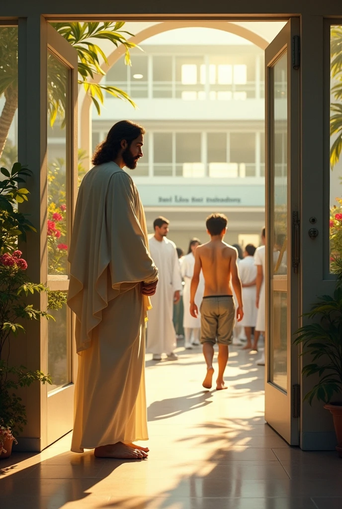 At the very door of a hospital, Jesus stands, and in the distance, a sick young man is seen returning to the hospital to be hospitalized.. Let it be seen that it is a hospital