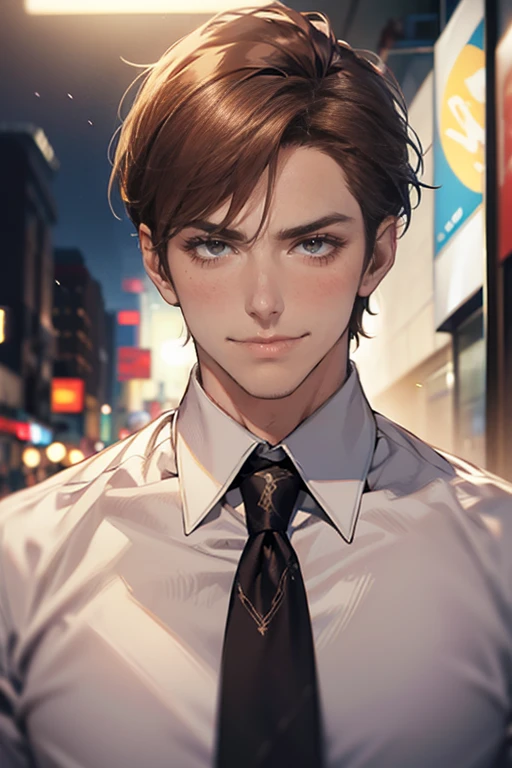 (tmasterpiece, high resolution, ultra - detailed:1.0), (1 male, masculine face, 31 years, CEO), Perfect male body, tall and strong, Adult male, Delicate eyes and delicate face, Extremely detailed CG, Unity 8k wallpaper, Complicated details, Detailed face, (short brown hair, short  hair, smile in love faces, blur eyes, white shirts,), (frown, smile in love:1.3), stad in corporativo, empresa, escritório style, color difference, Depth of field, dramatic shadow, Ray tracing, Best quality, Cinematic lighting, offcial art,Portrait